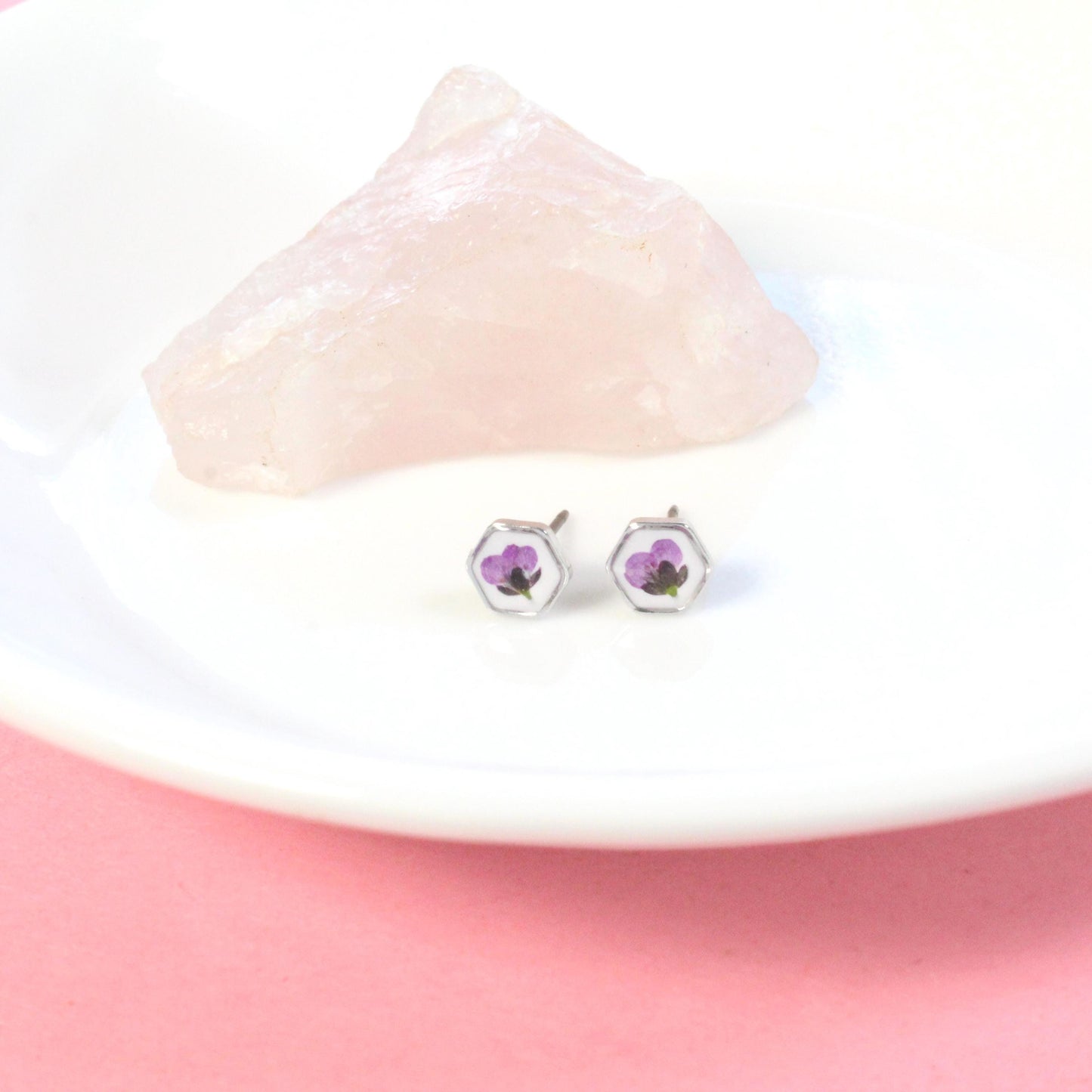 Teeny tiny gold pressed flower earrings, hexagon titanium studs, botanical plant jewelry, nature lover gift, dry flower resin posts, purple