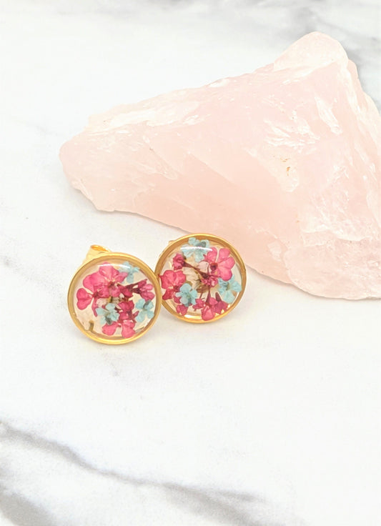Pressed Flower Earrings, Magenta Pink Gold Circle Posts, Pressed Flower Jewelry, Real Dried Flower Resin Studs, Pressed Flowers Earrings