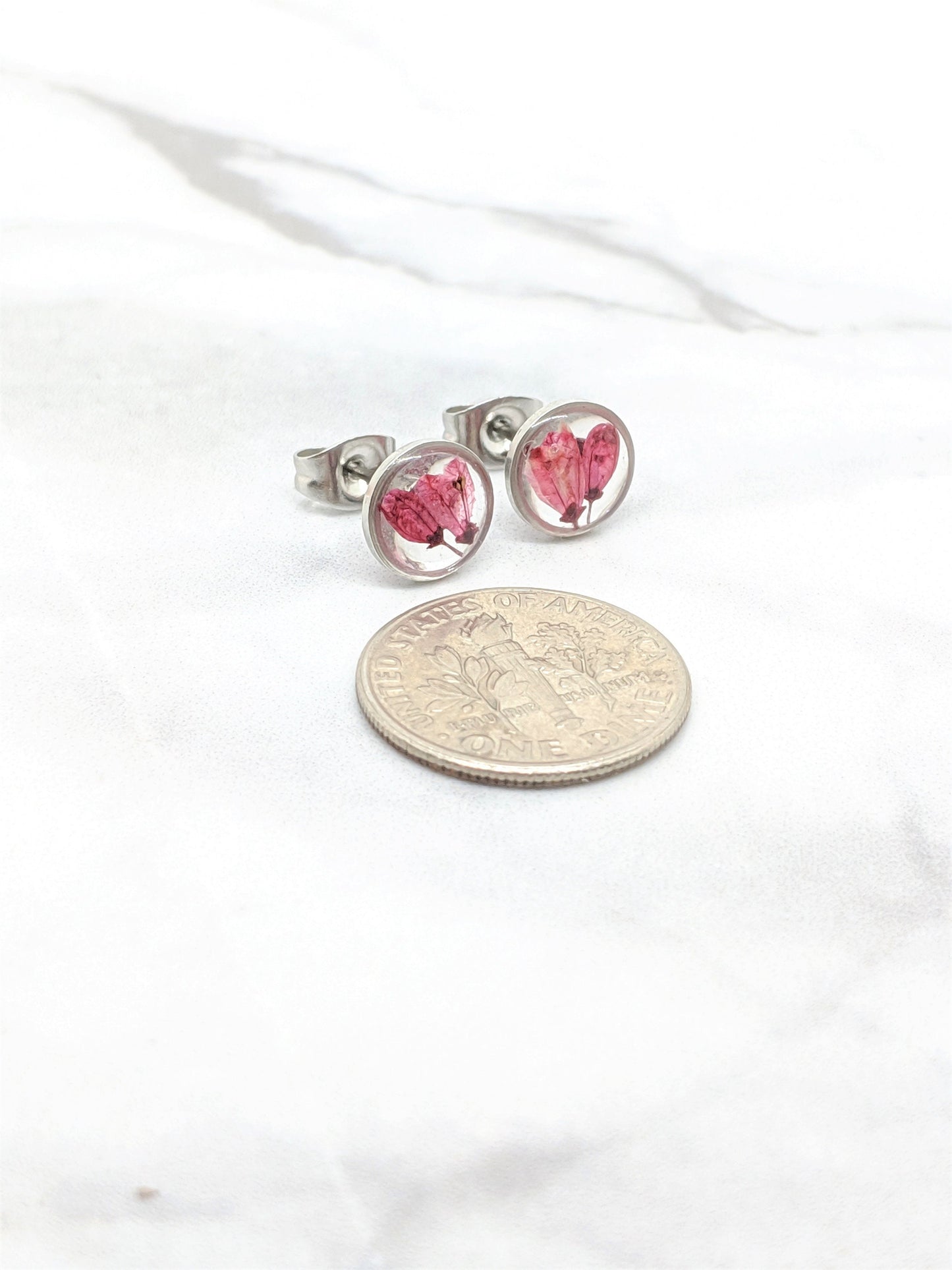 Tiny Real Pressed Flower Earrings, Silver Circle Studs with Dark Rose Pink Flowers, Minimalist, Small wildflower earrings, titanium posts