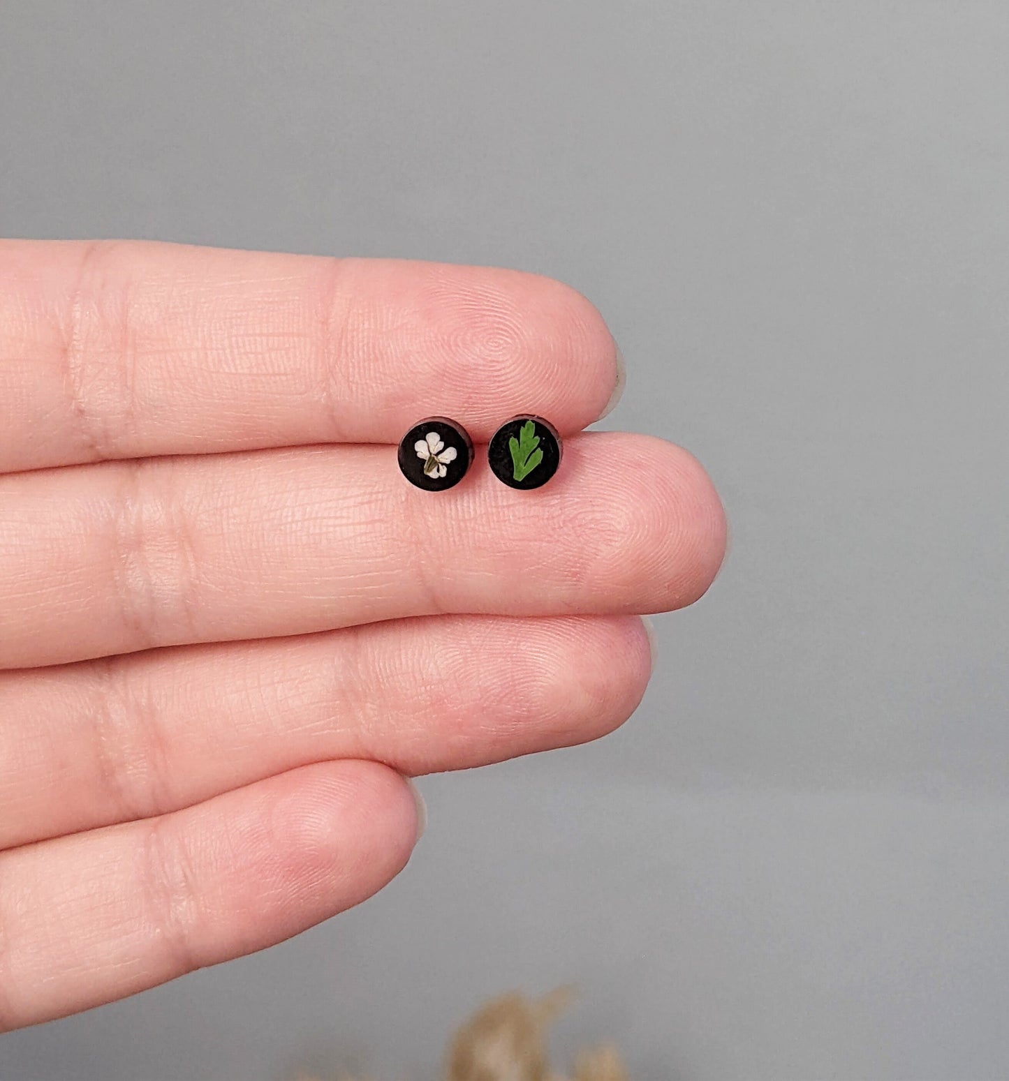 Teeny tiny studs, leaf earrings, white flower post earrings, black, nature jewelry, handmade resin earrings, fern earrings, small, little