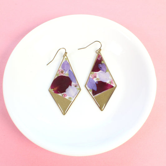 Large Triangular Brass Pressed Flower Resin Dangle Earrings