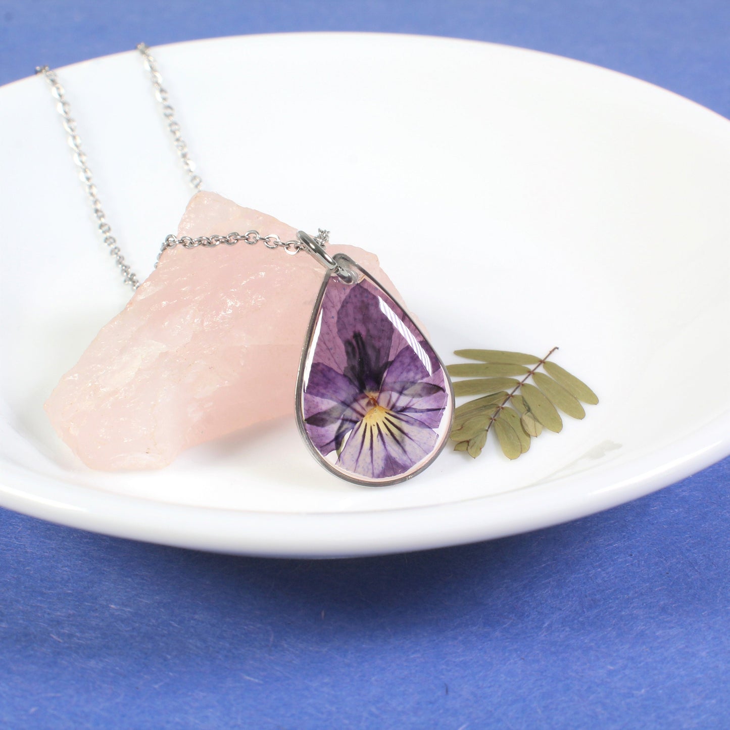 Violet necklace,  Small pressed flower pendant, real pansy viola, resin, handmade botanical teardrop necklace, February birth flower, nature