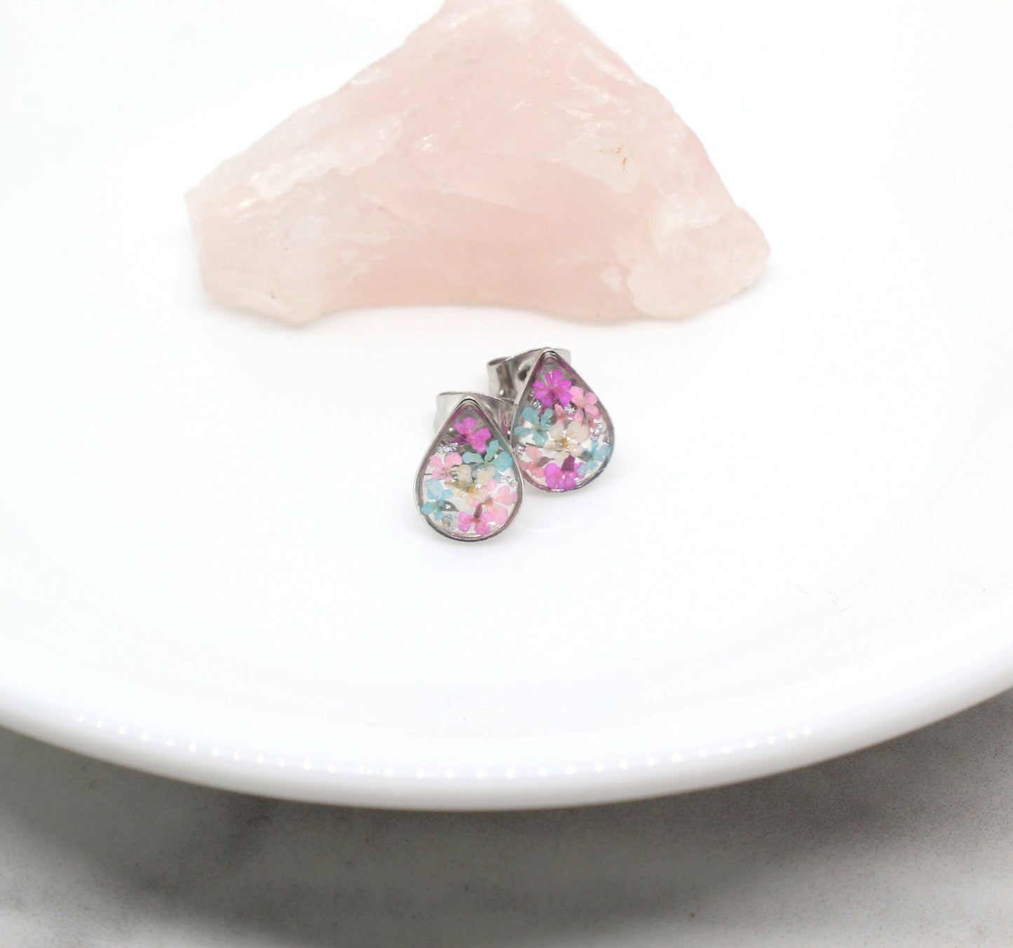 Real Pressed Flowers Silver Teardrop Post Earrings in Pastel Pink Blush and Baby Blue, with Silver Flecks
