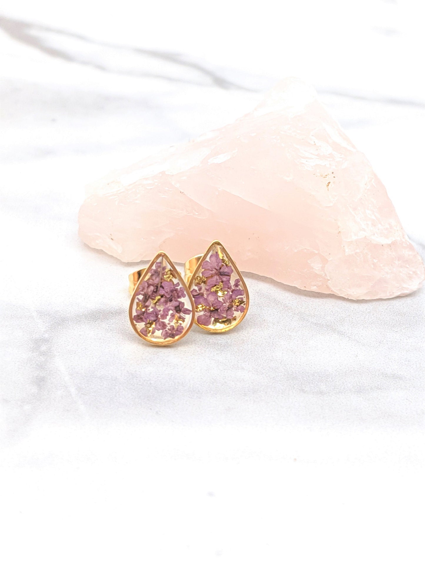 Pressed Flower Earrings, Dusty Purple, Gold Teardrop Studs, Lavender, Mauve, Lilac Posts, Pressed Flower Jewelry, Real Dried Flower Earrings