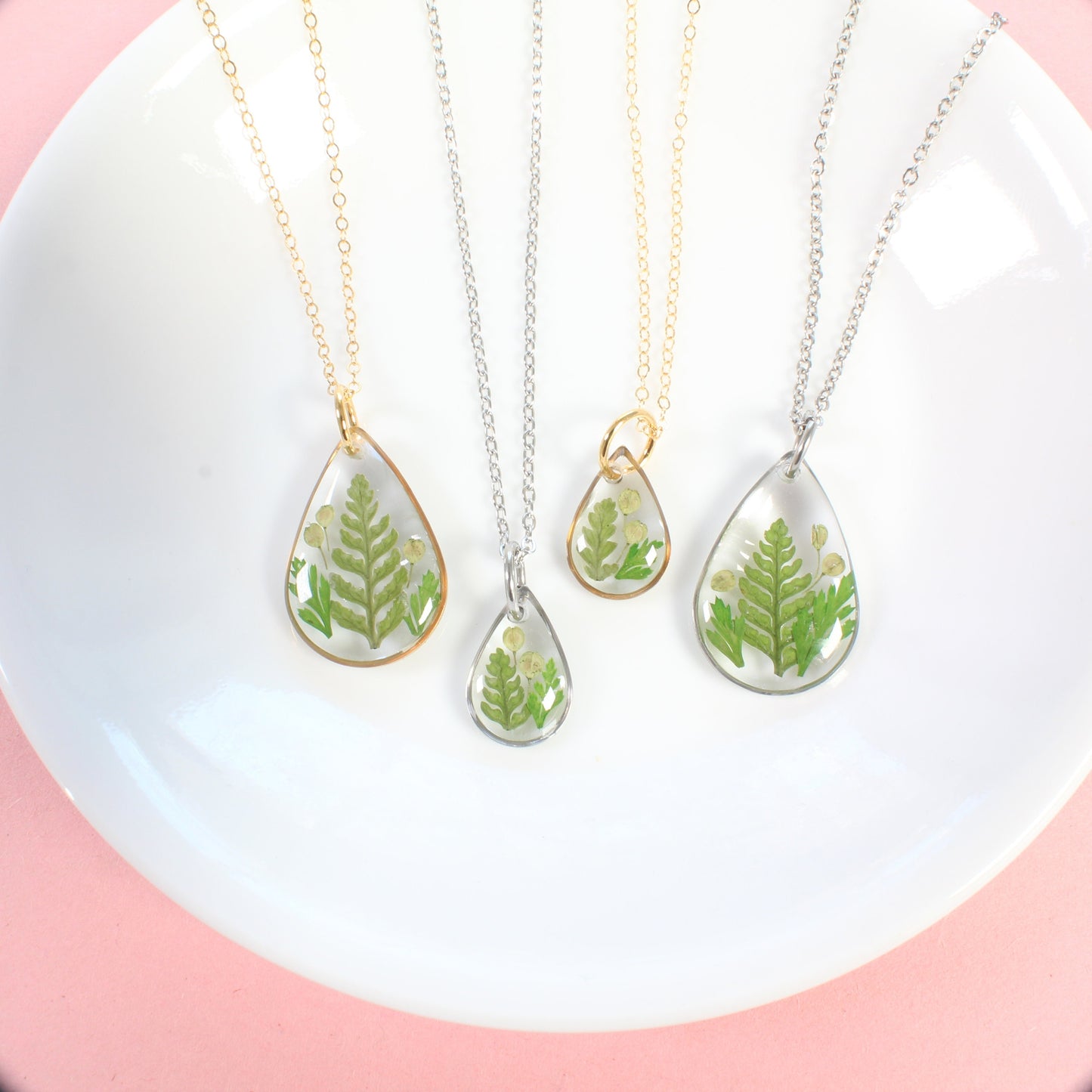 Tiny fern necklaces, real pressed fern leaf in resin, handmade nature plant jewelry, forest necklace, teardrop pendant, gold filled, silver