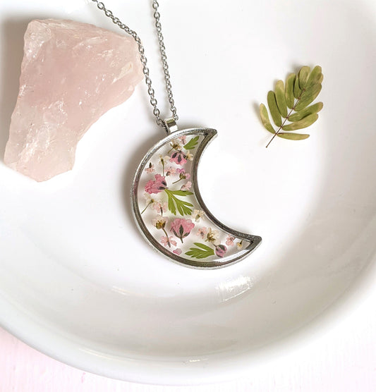 Real Pressed Flower Moon Necklace, Blush Pink Leaf, Bronze Resin Plant Pendant Dried Flower Jewelry, Handmade Moon Necklace, Celestial Lunar