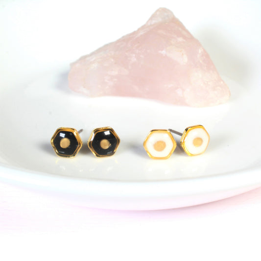Mustard seed earrings, tiny hexagon stud earrings, hypoallergenic titanium, handmade gold faith jewelry, modern Christian gifts, religious