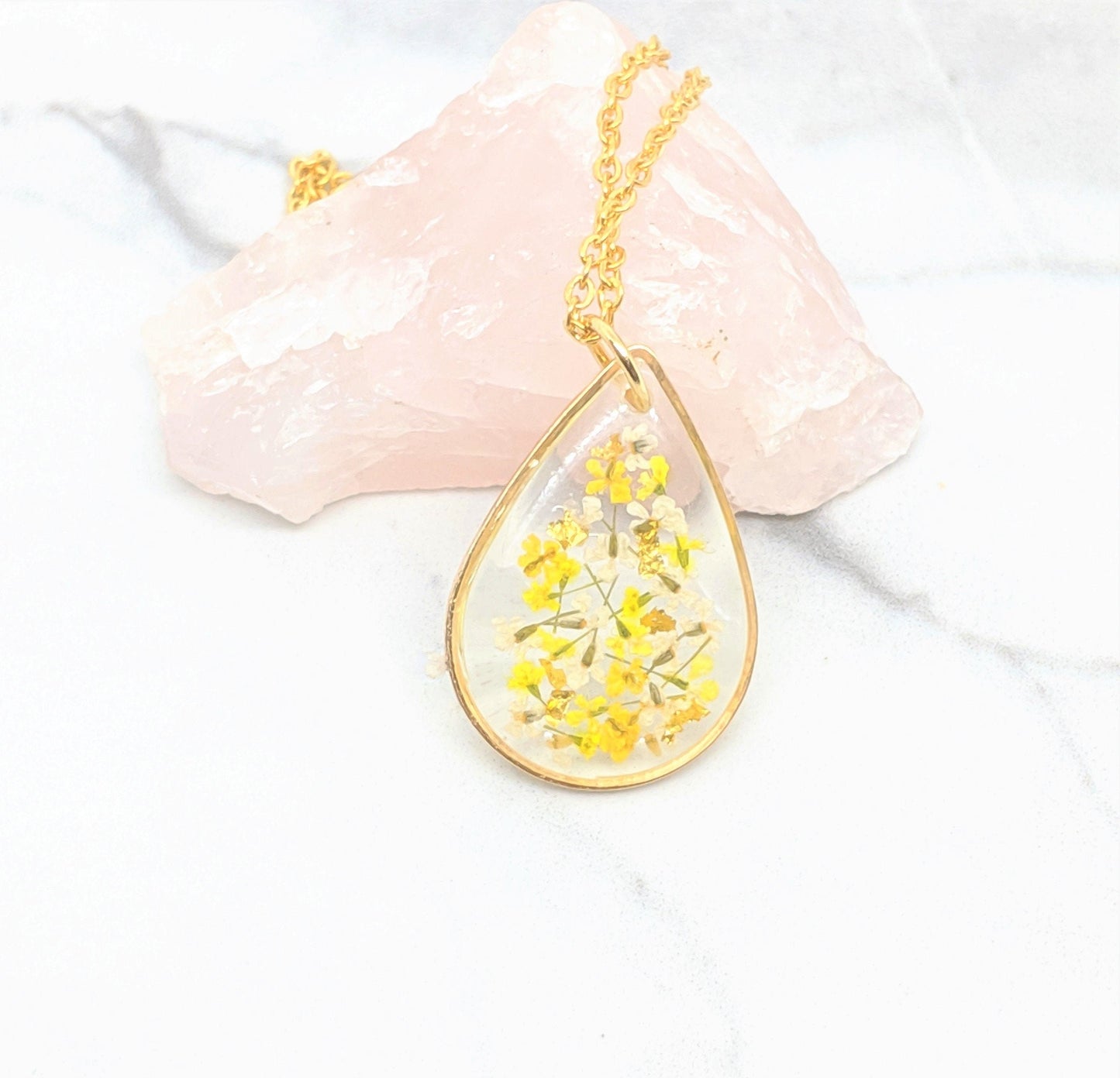 Real Pressed Flower Necklace - Yellow, White, Gold Leaf, Mustard Teardrop Pendant - Pressed Flower Jewelry - Gold Fill Available