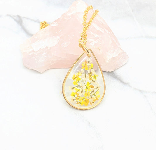 Real Pressed Flower Necklace - Yellow, White, Gold Leaf, Mustard Teardrop Pendant - Pressed Flower Jewelry - Gold Fill Available
