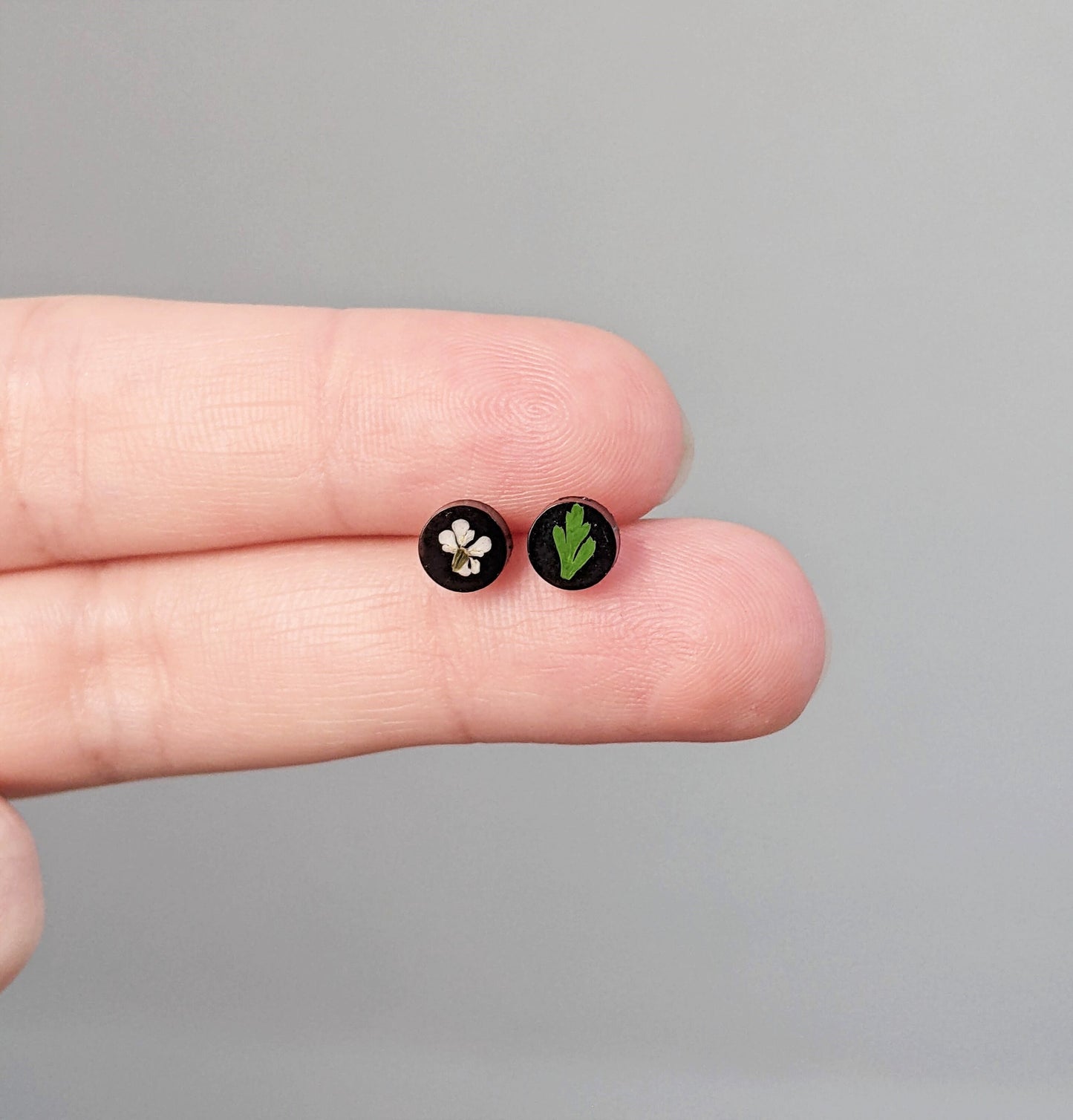 Teeny tiny studs, leaf earrings, white flower post earrings, black, nature jewelry, handmade resin earrings, fern earrings, small, little