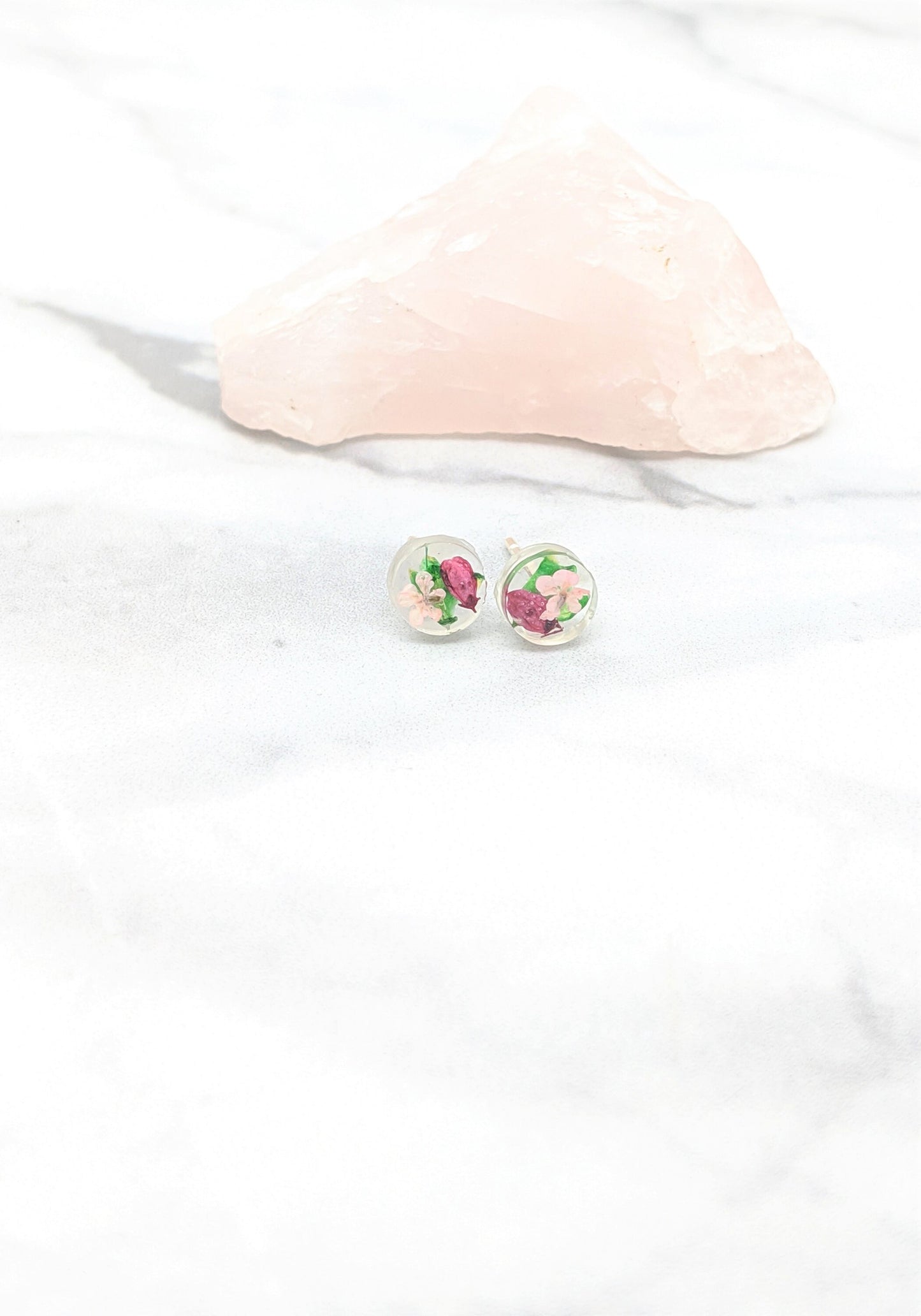 Pressed Flower Earrings, Teeny Tiny Post Earrings in Magenta, Light Pink, and Green, Real Flower Jewelry , Minimalist Posts, Titanium studs