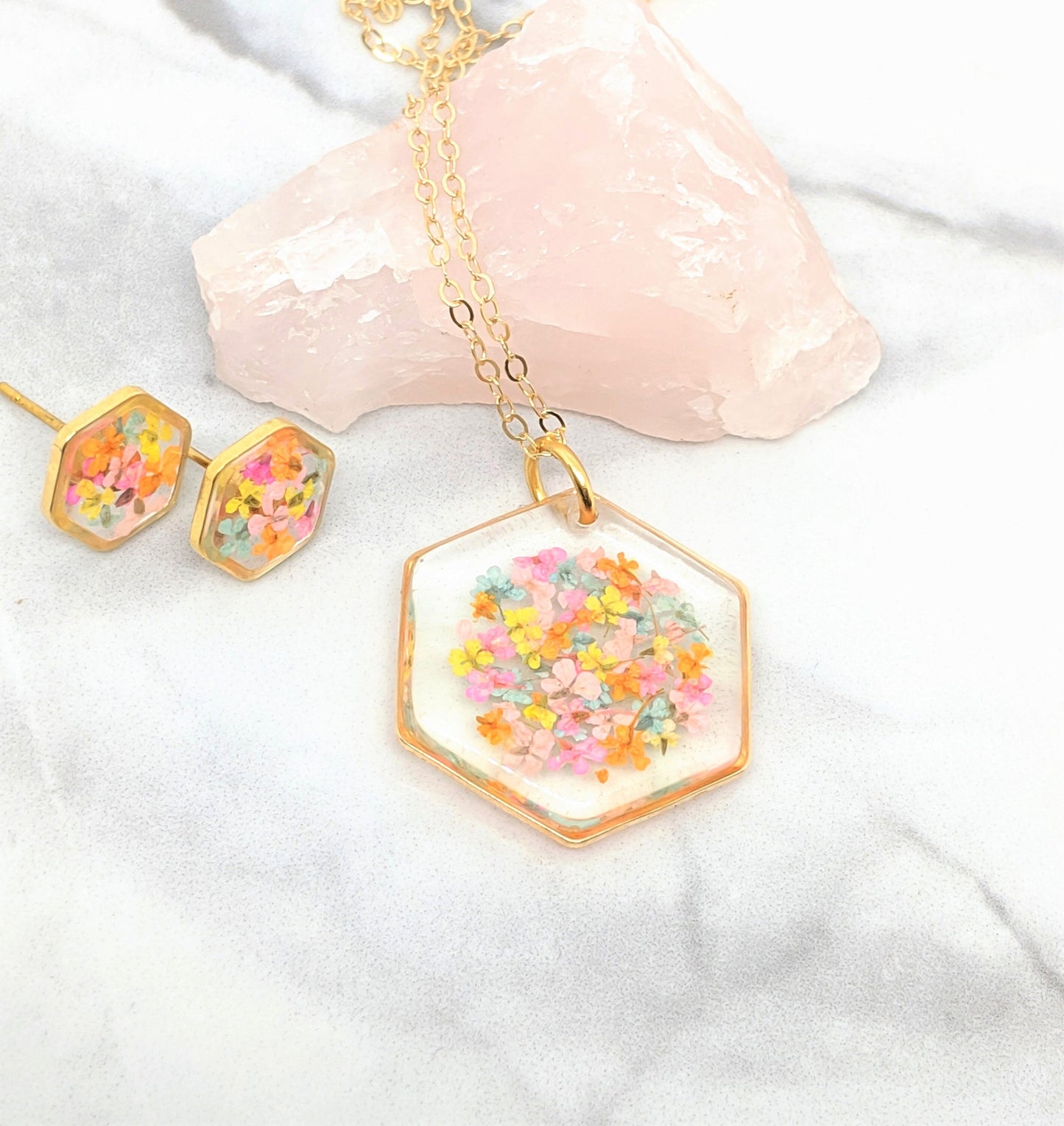 Real Pressed Flower 24K Gold Plated Hexagon Stud Earrings, Pastel Cotton Candy Colors, Dry Flower Jewelry, Titanium posts, Botanical