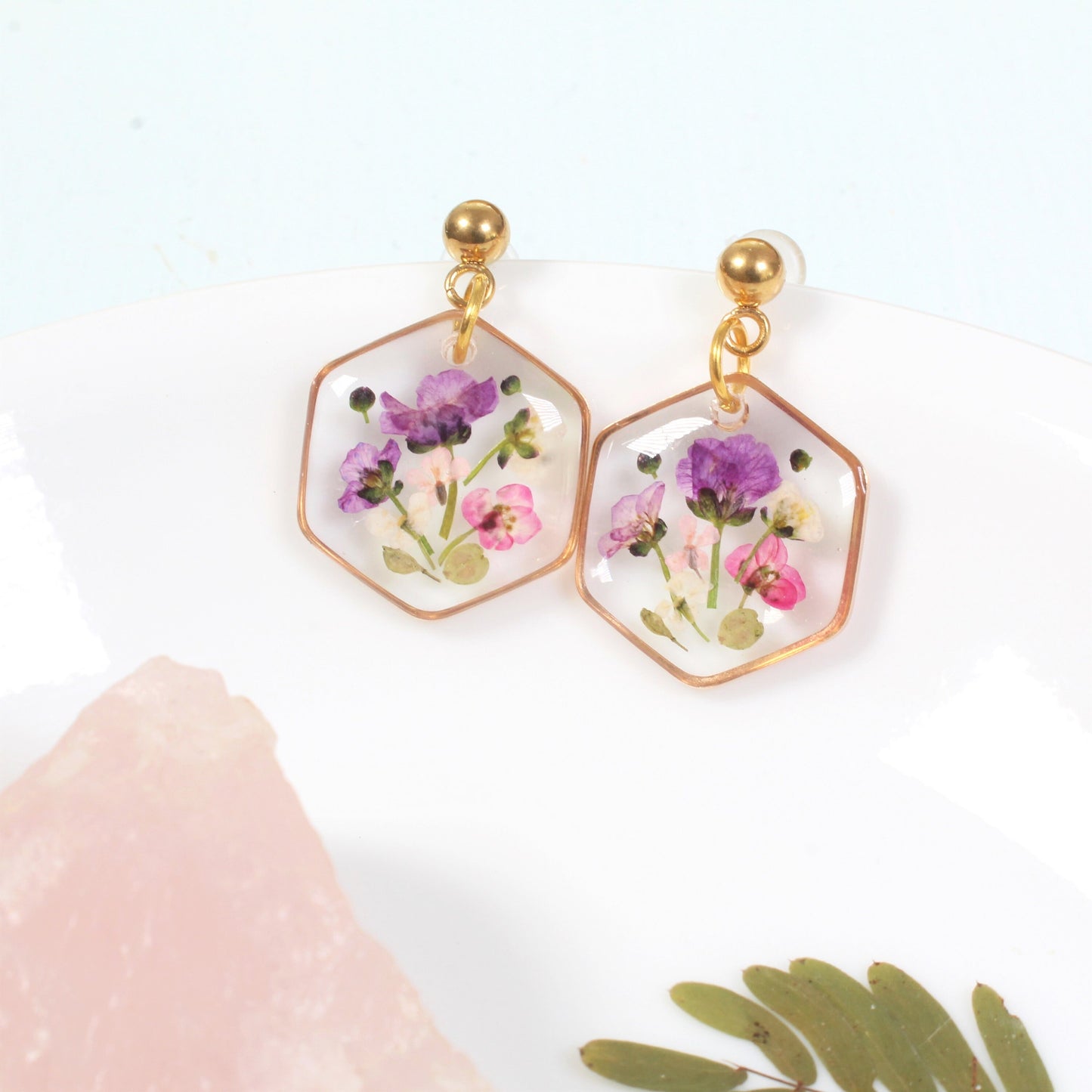 Real Pressed Flower Dangle Earrings, Hexagon Bouquet Ball Post Studs, Resin Dried Flower Jewelry, Geometric Plant Handmade, Botanical Nature