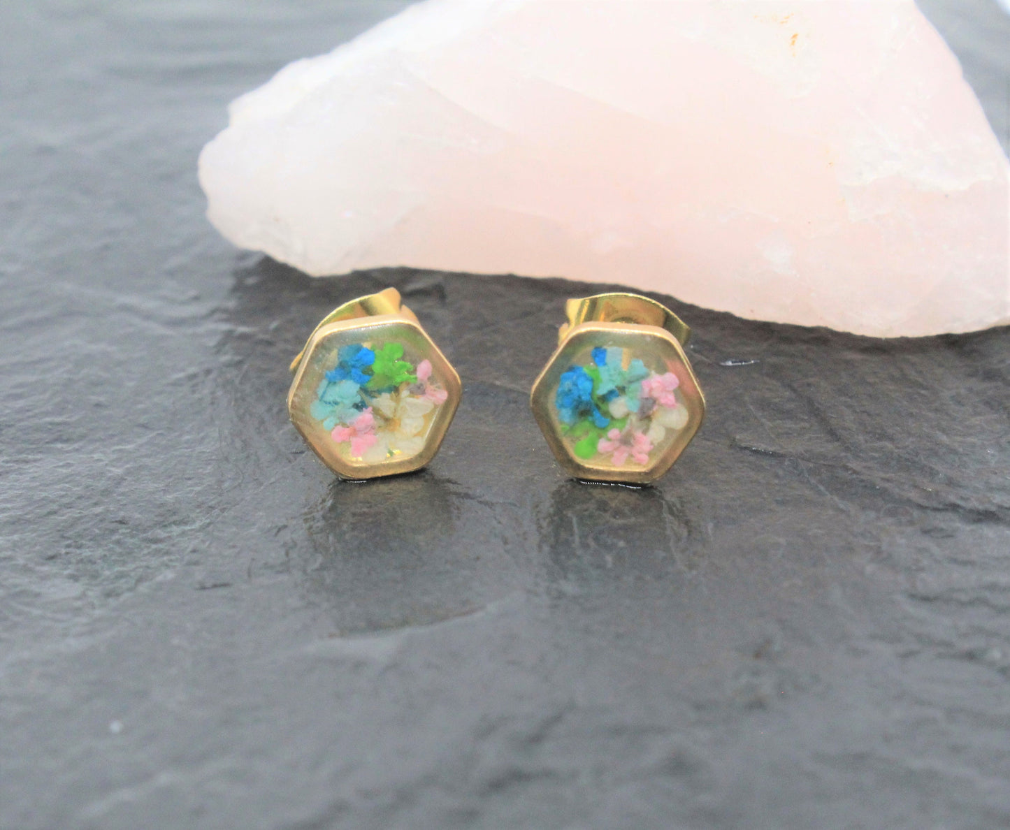 Tiny Pressed Flower Earrings, Gold Hexagon Stud, Minimalist Post, Small Green Pressed Flower Jewelry, Real Flower Jewelry,Pressed Flower