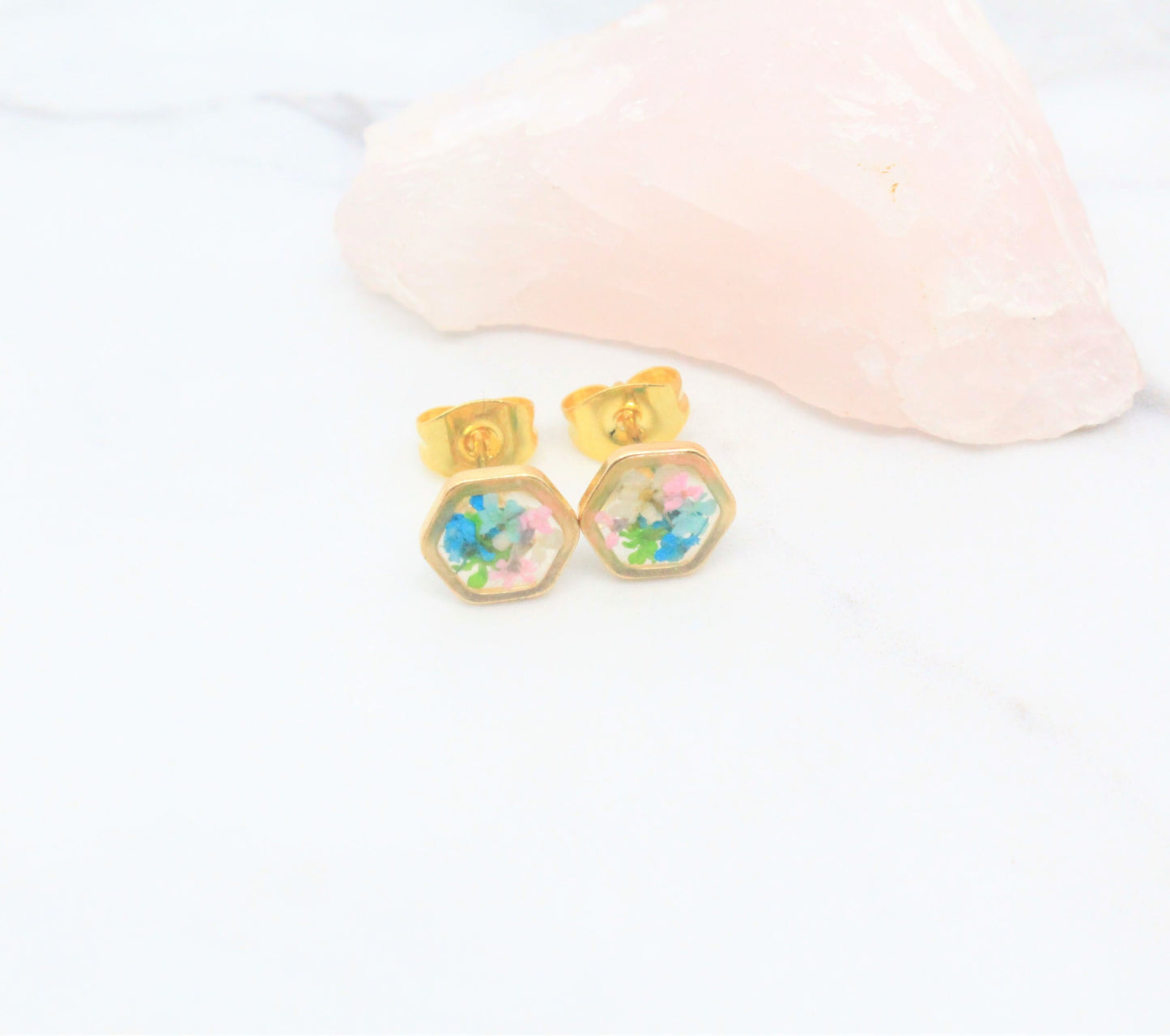 Tiny Pressed Flower Earrings, Gold Hexagon Stud, Minimalist Post, Small Green Pressed Flower Jewelry, Real Flower Jewelry,Pressed Flower