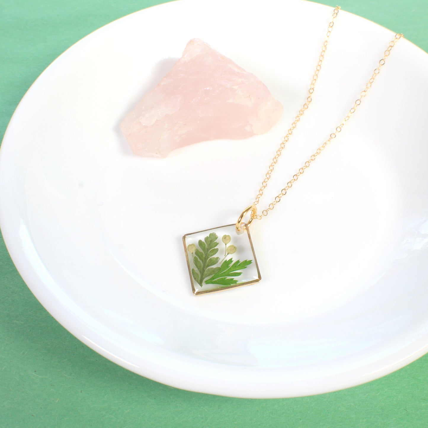 Pressed fern necklace, real green leaves in resin, handmade jewelry, nature lover gift, forest pendant, square, hiker, gardener, woodland
