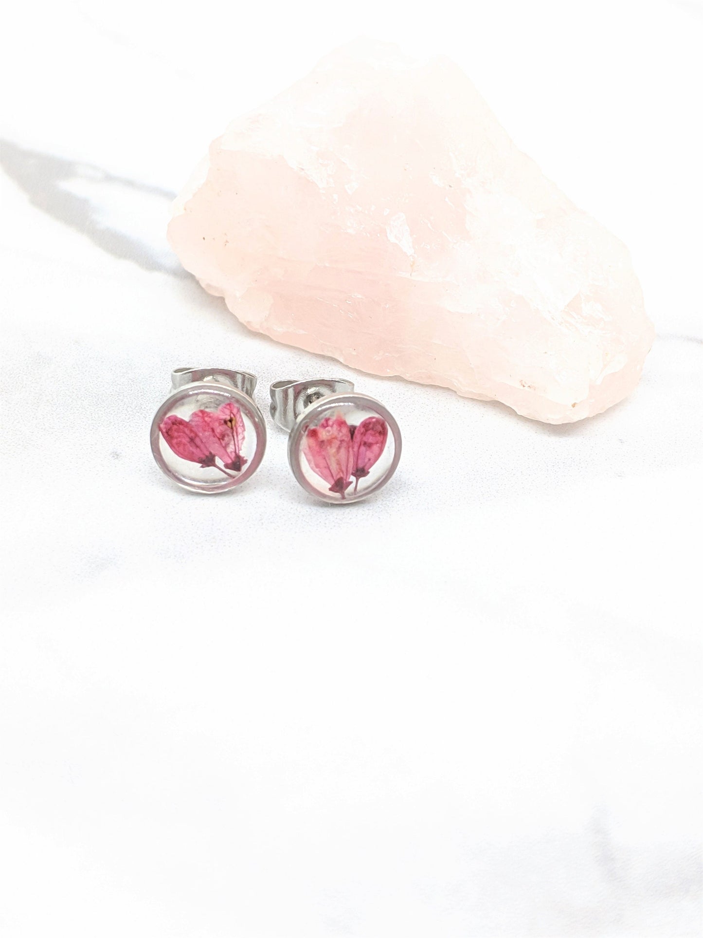 Tiny Real Pressed Flower Earrings, Silver Circle Studs with Dark Rose Pink Flowers, Minimalist, Small wildflower earrings, titanium posts