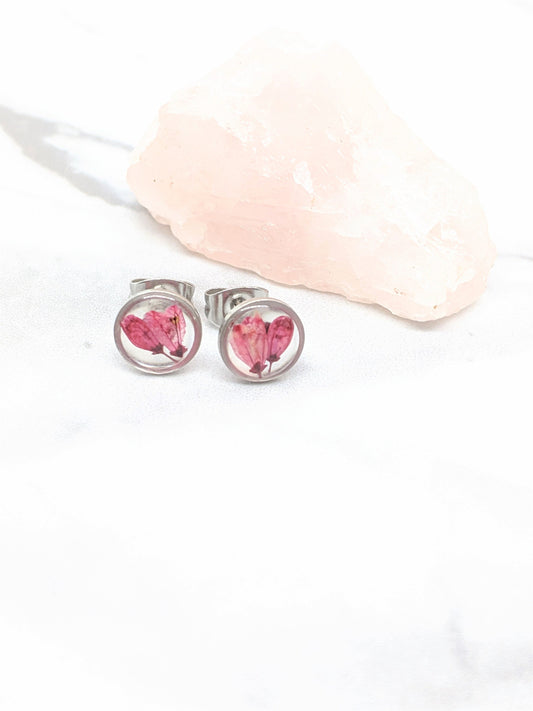Tiny Real Pressed Flower Earrings, Silver Circle Studs with Dark Rose Pink Flowers, Minimalist, Small wildflower earrings, titanium posts