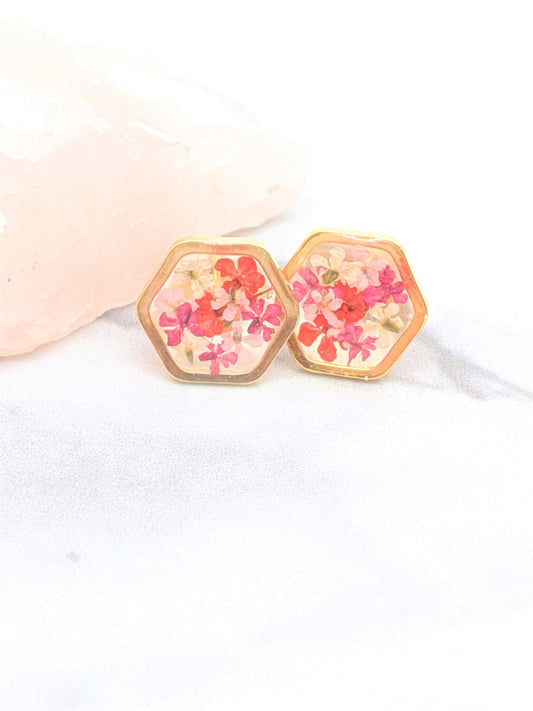 Pressed Flower Earrings 24K Gold Plated Hexagon Stud Earring, Magenta, Red, Fuchsia, Light Pink, Pressed Flower Jewelry, Dry Flower Posts