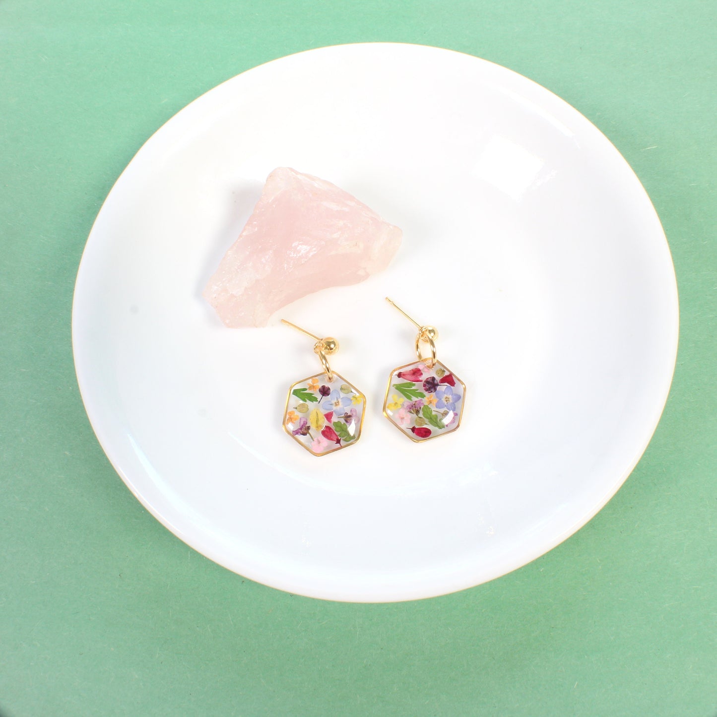 Colorful Mixed Wildflower Small Hexagon Resin Ball Stud Dangle Earrings