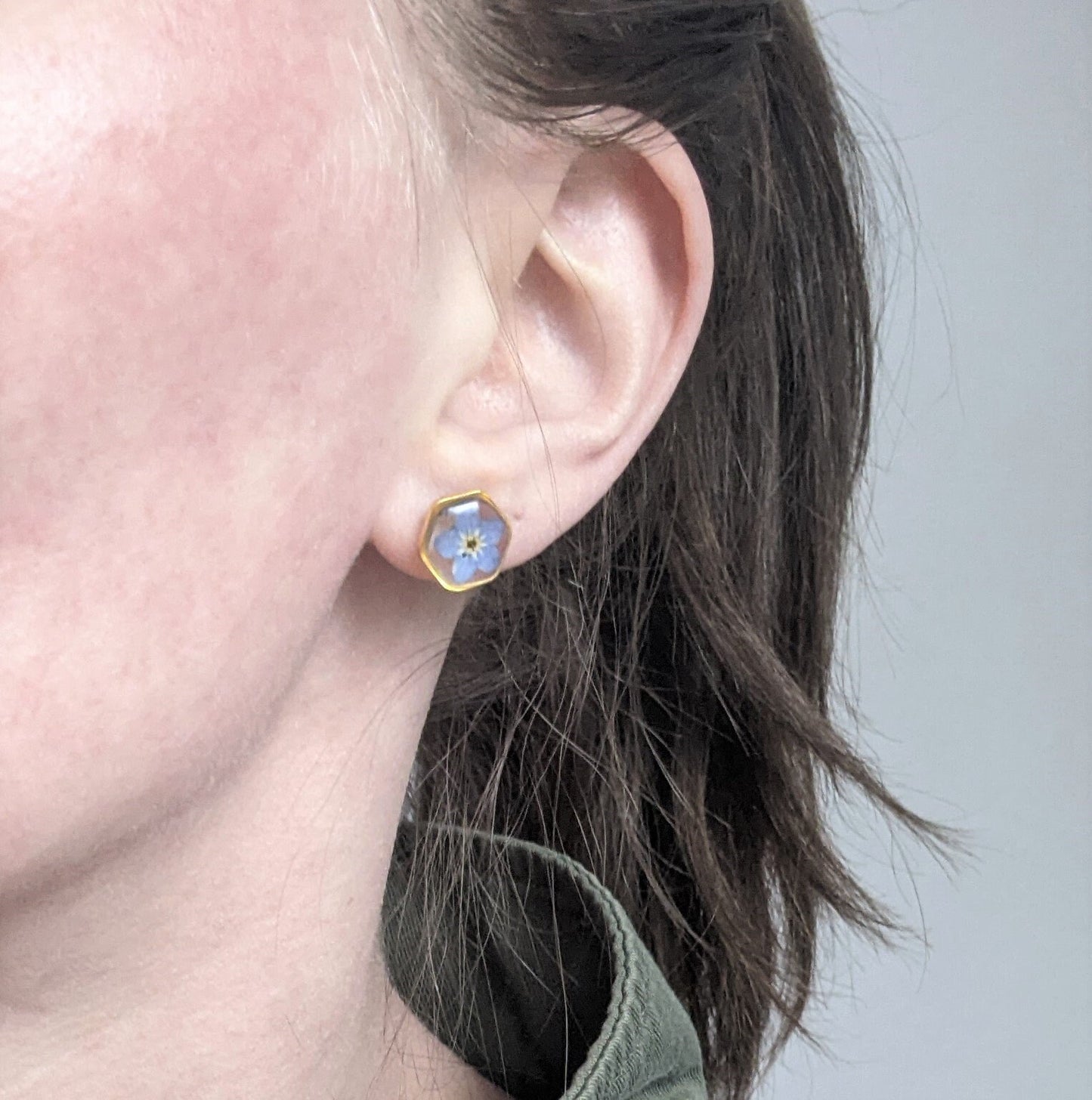 Pressed Flower Earrings, Forget-Me-Not Studs, Hypoallergenic Titanium Posts, Real Dry Flower, Plant, Hexagon, Gold, Silver, Preserved Nature