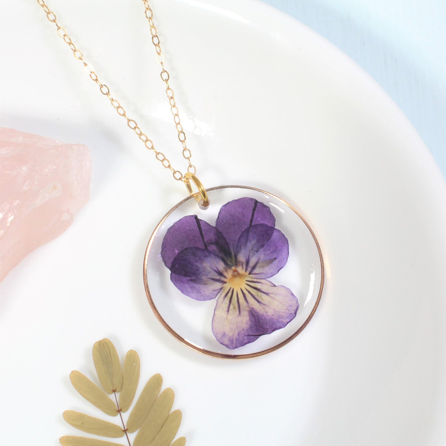 Violet Necklace, Pressed Flower, Real Pansy Viola Jewelry, Dry Flower Resin, Handmade Pressed Flower Pendant, February Birth Flower