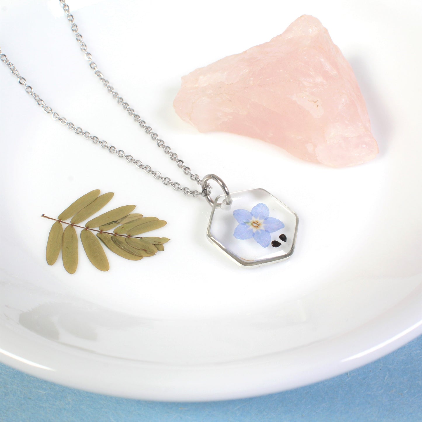 Small teardrop forget-me-not seed and flower necklace, forget me not pendant, miscarriage gift, loss, grief, remembrance, pressed flowers