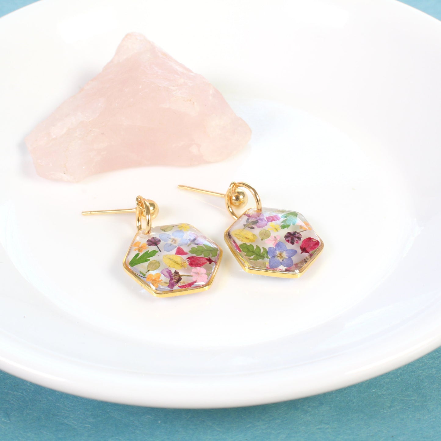 Colorful Mixed Wildflower Small Hexagon Resin Ball Stud Dangle Earrings