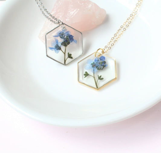 Hexagon Forget-me-not Resin Necklace