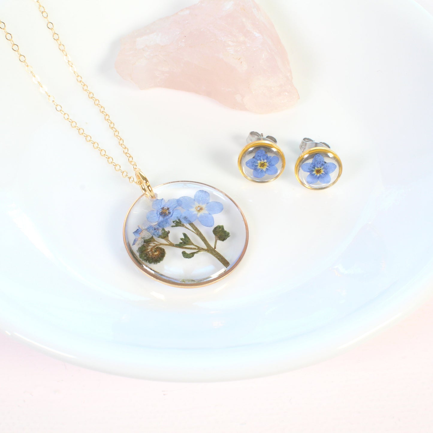 Pressed flower jewelry set, real blue forget-me-not necklaces, studs, dangles, Mother's Day gift, Anniversary gift, resin, forget me not
