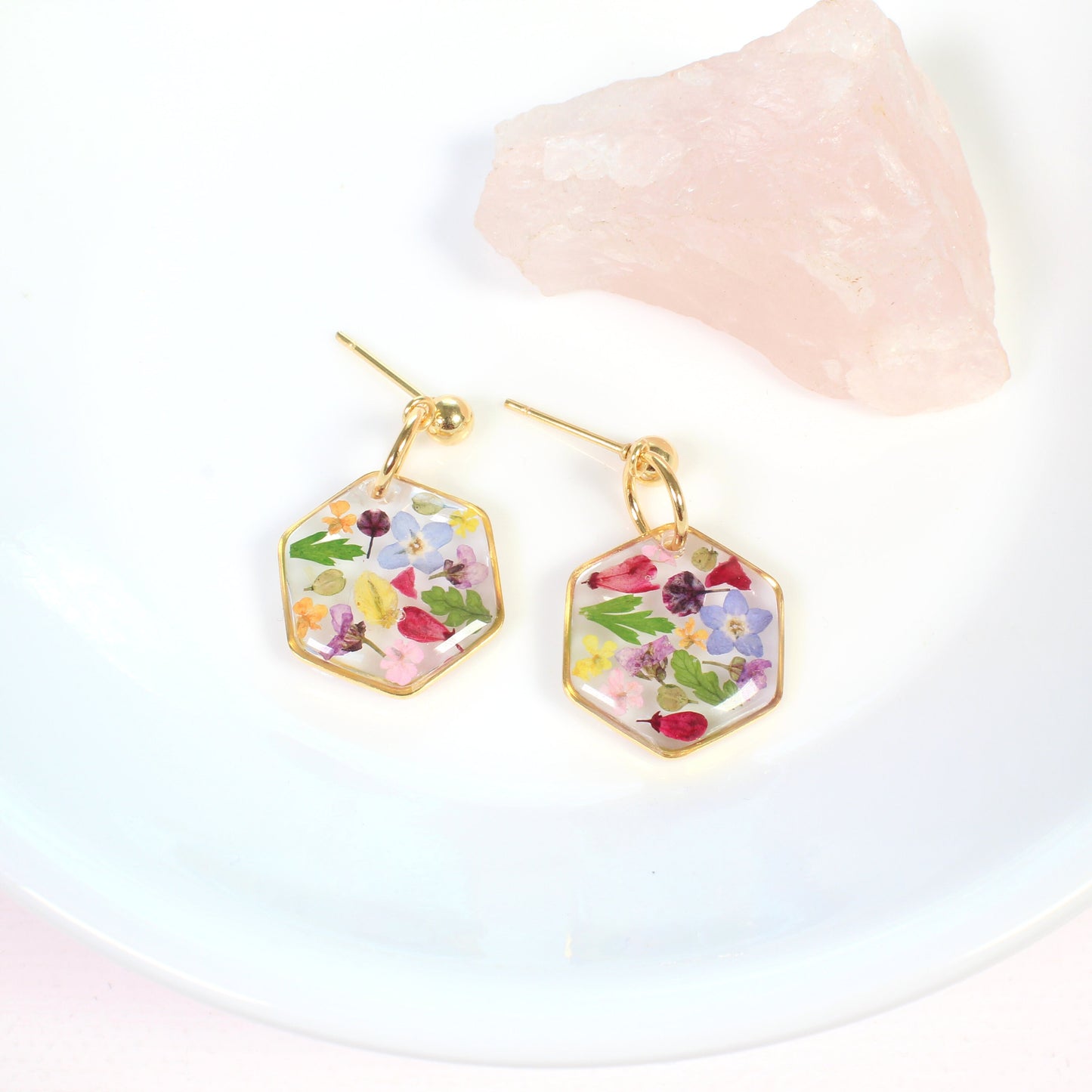 Colorful Mixed Wildflower Small Hexagon Resin Ball Stud Dangle Earrings