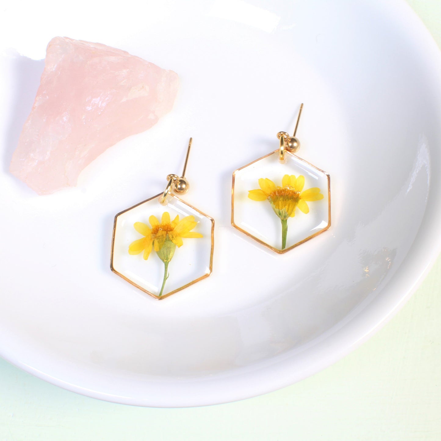 Yellow pressed flower dangle earrings, real daisy resin jewelry, dried floral, handmade, hexagons, wildflowers, March birth flower, daffodil