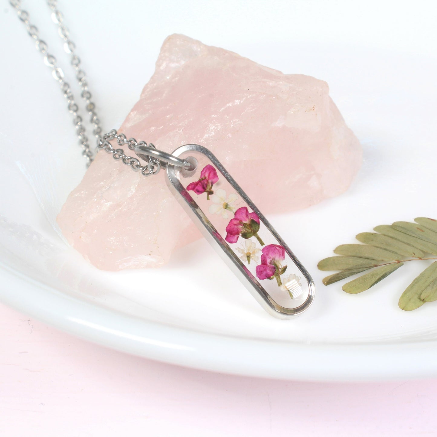 Dainty Pressed Flower Necklace, Oval Silver Bar, Real Dark Pink Dried Wildflowers, Resin, Pill Shaped Small Nature Pendant, Plant Jewelry