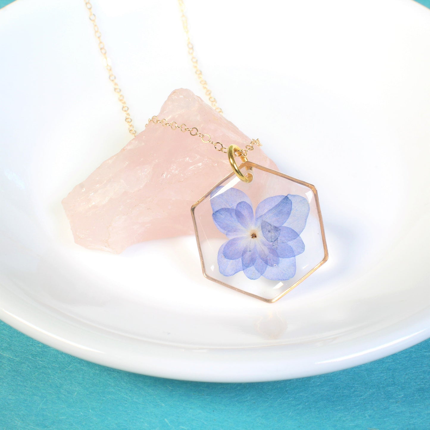 Hydrangea necklace, real pressed flower pendant, purple, blue, gold, silver, handmade resin dried flower jewelry, hexagon, botanical, nature