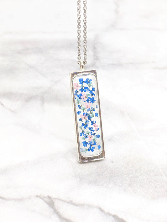 Pressed Flower Necklace, Navy Blue Bar Pendant, Real Pressed Flower Jewelry, Dried Flowers, Pressed Flowers, Resin Jewelry, Botanical