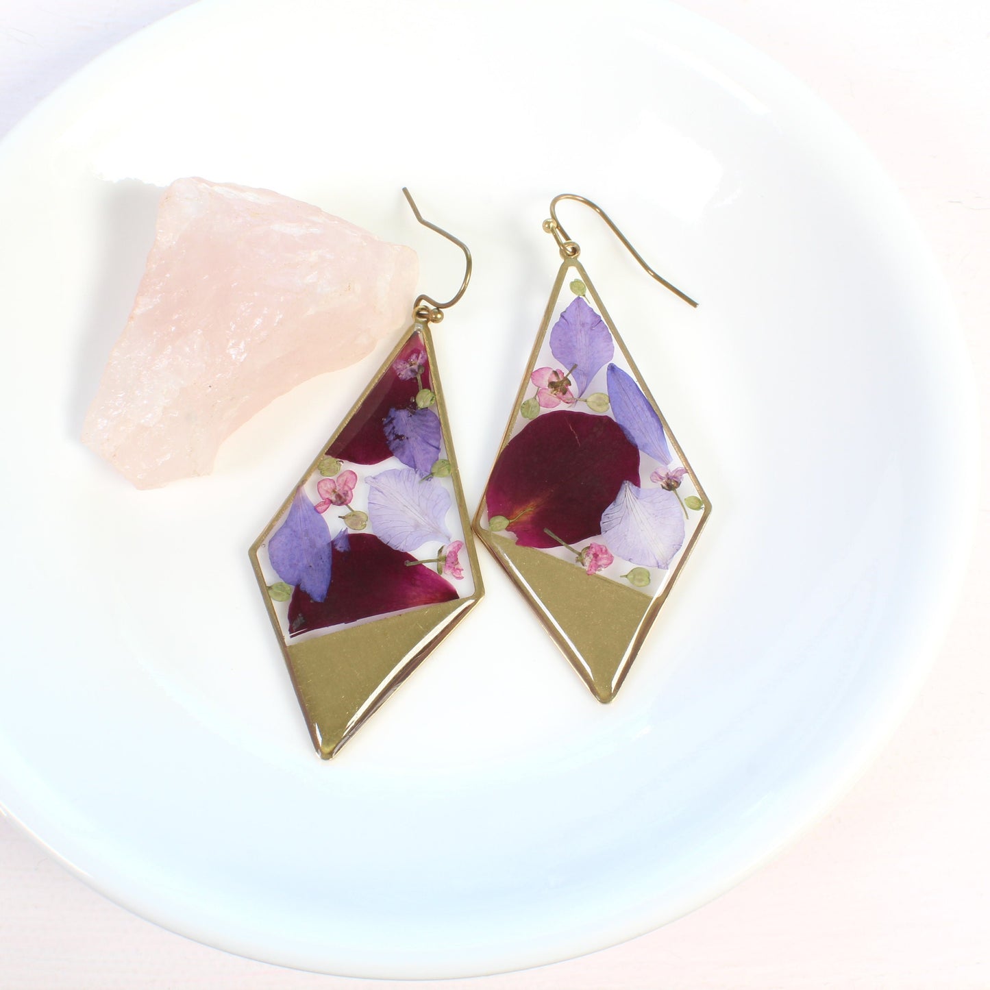 Large Triangular Brass Pressed Flower Resin Dangle Earrings