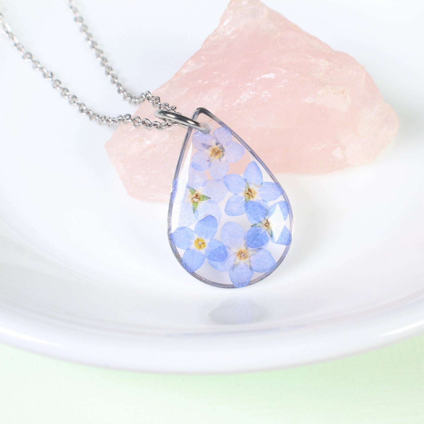 Gold forget-me-not necklace, real pressed flower teardrop pendant, handmade resin jewelry, blue forget me nots, dried botanical necklace
