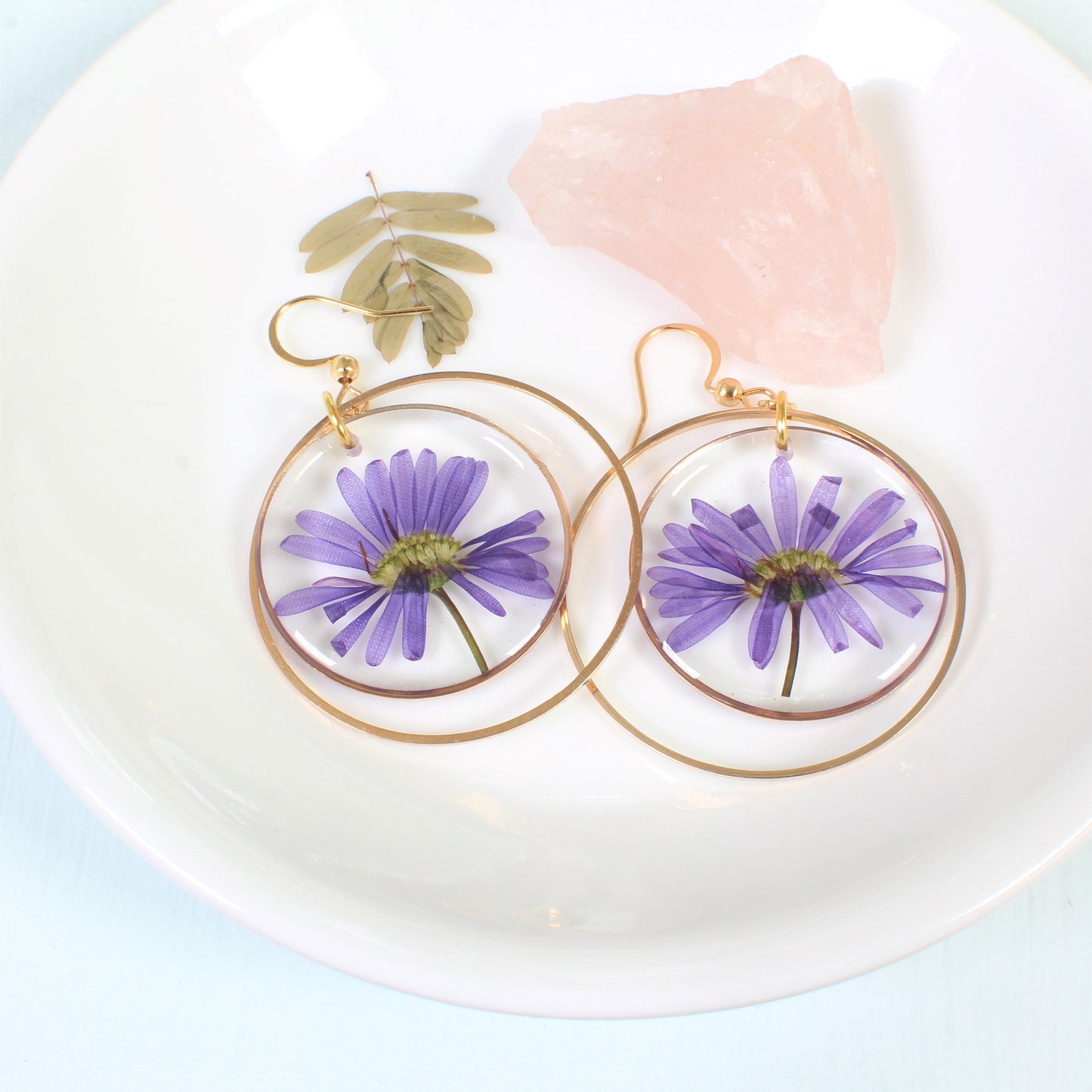 Pressed flower earrings, Aster, large dangle earrings, purple daisy, September birth flower jewelry, handmade botanical plant wildflower