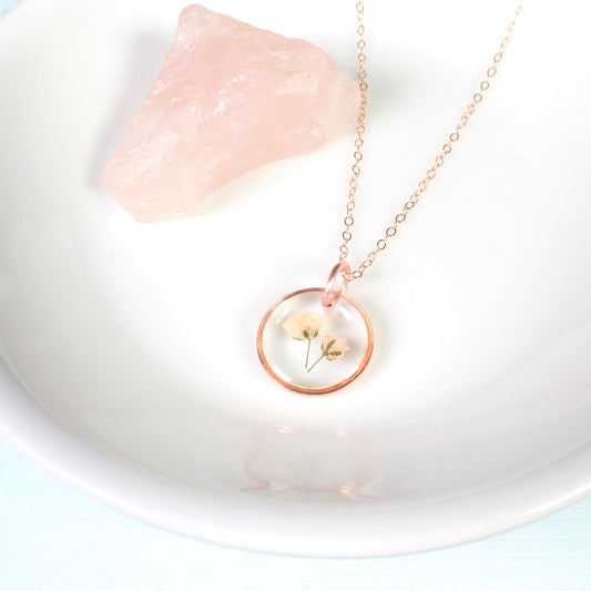 Rose gold baby's breath necklace, small circle pendant, resin jewelry, handmade pressed flower jewelry, gift for her, dried white flowers